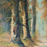 huile sur toile ancadrée XXème Chemin en sous bois