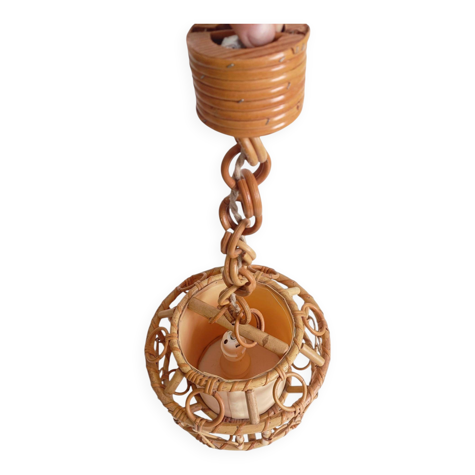 1960s Hand-Crafted Mid-Century Bamboo and Rattan Pendant Lamp, France