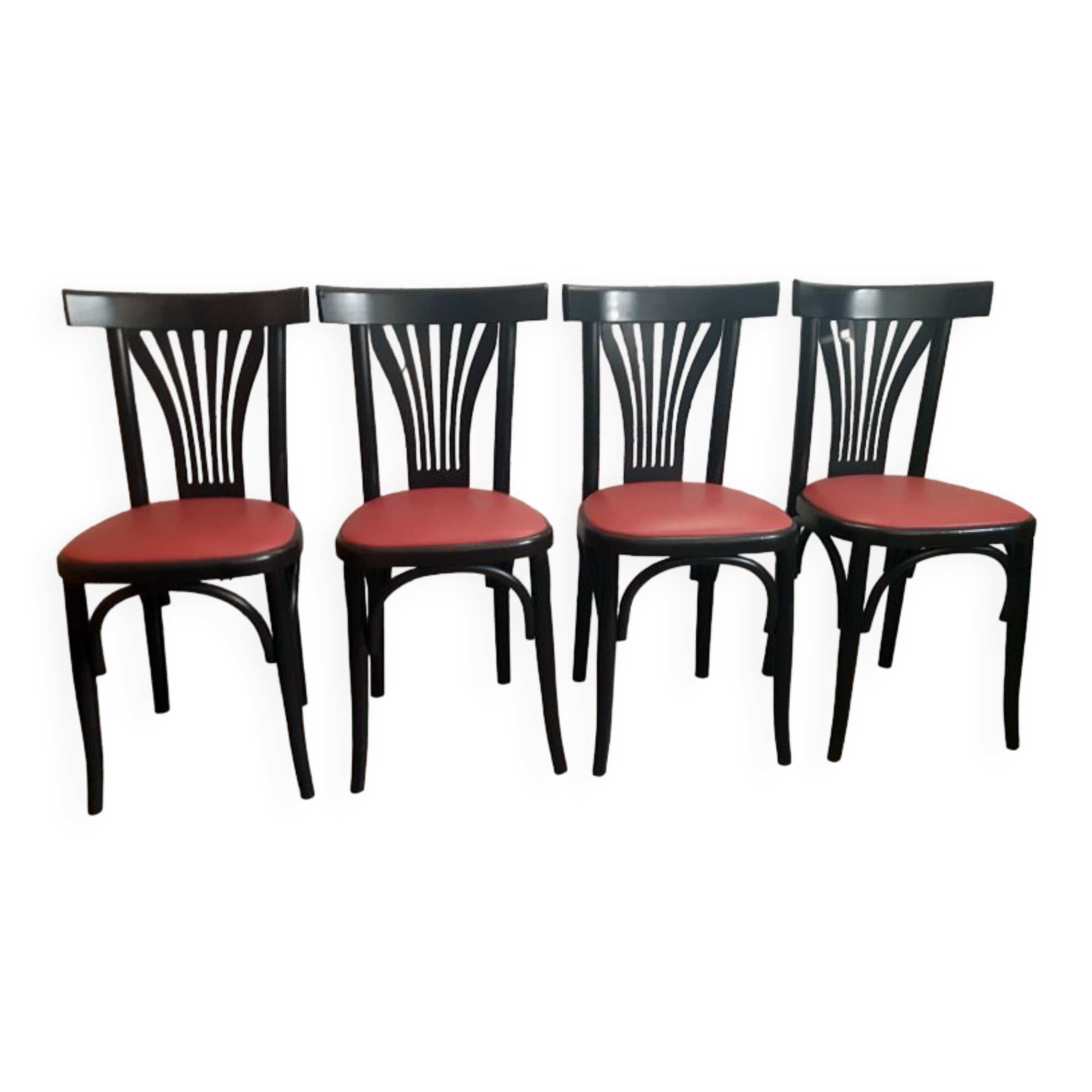 Set of 4 vintage bistro chairs in wenge beech and imitation red leather