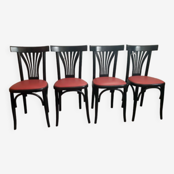 Lot de 4 chaises bistrot vintage en hêtre wengé et simili cuir rouge