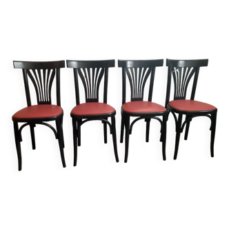 Set of 4 vintage bistro chairs in wenge beech and imitation red leather