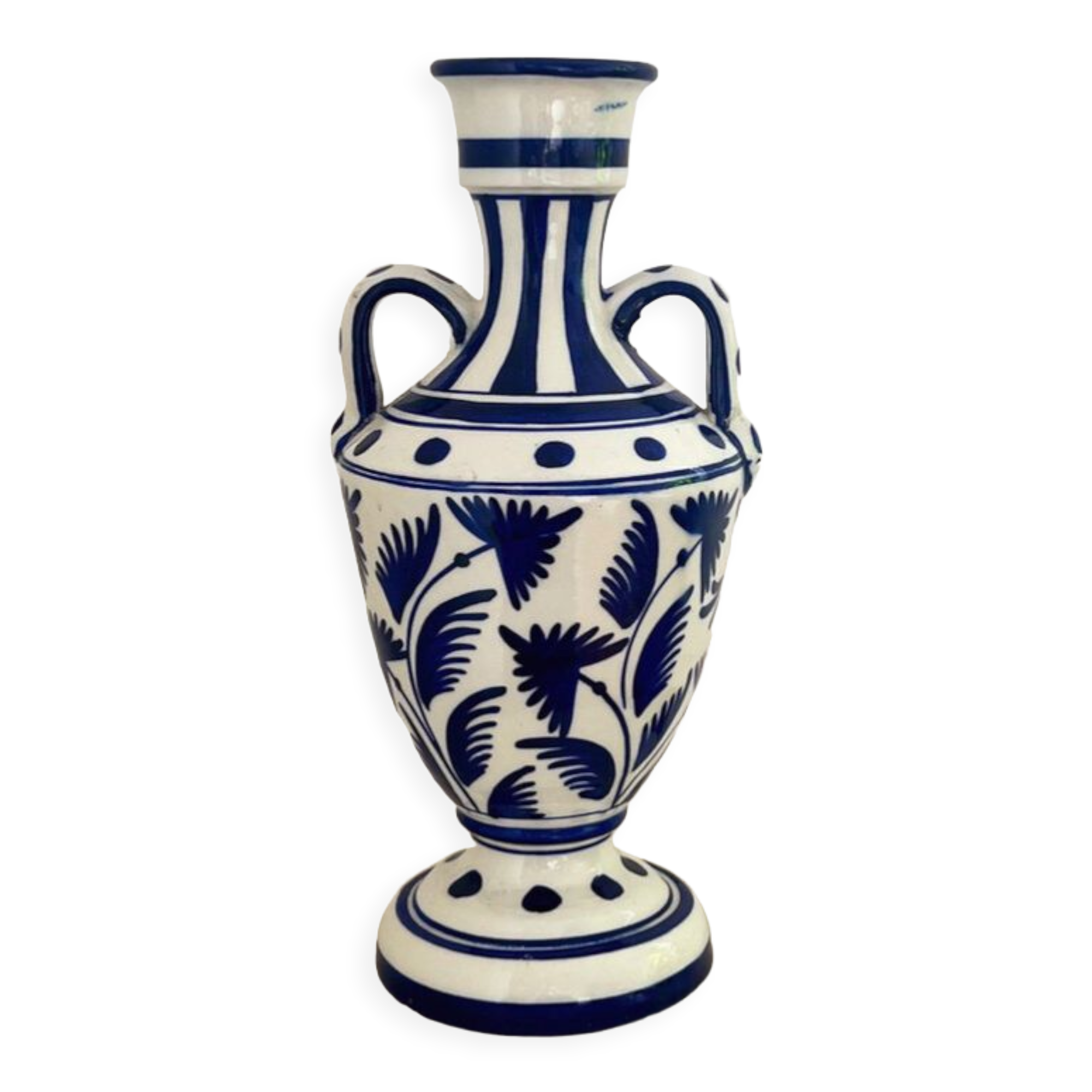 white amphora-style vase with hand-painted blue patterns