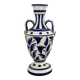 white amphora-style vase with hand-painted blue patterns