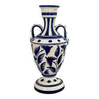 white amphora-style vase with hand-painted blue patterns