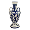 white amphora-style vase with hand-painted blue patterns