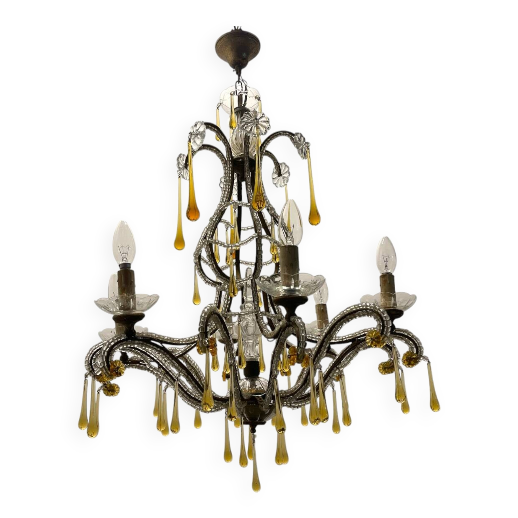 Crystal Beaded Murano Glass Drop Chandelier 1950’s