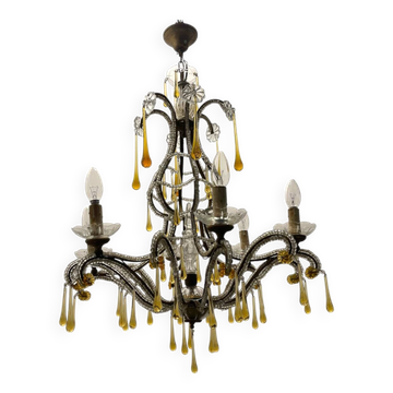 Lustre en verre de Murano avec perles de cristal, années 1950