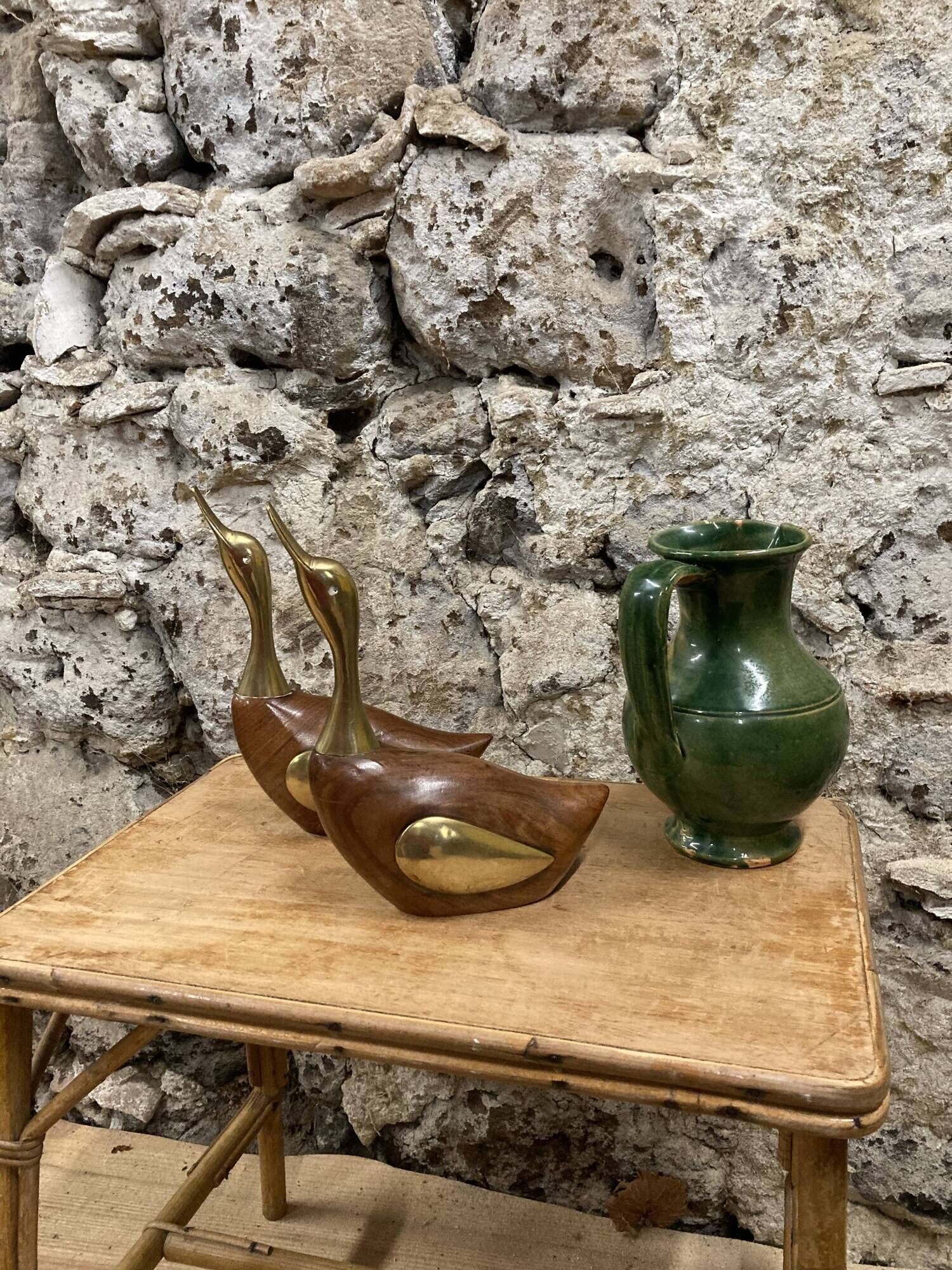 Pair of duck or swan in wood and brass sculpture