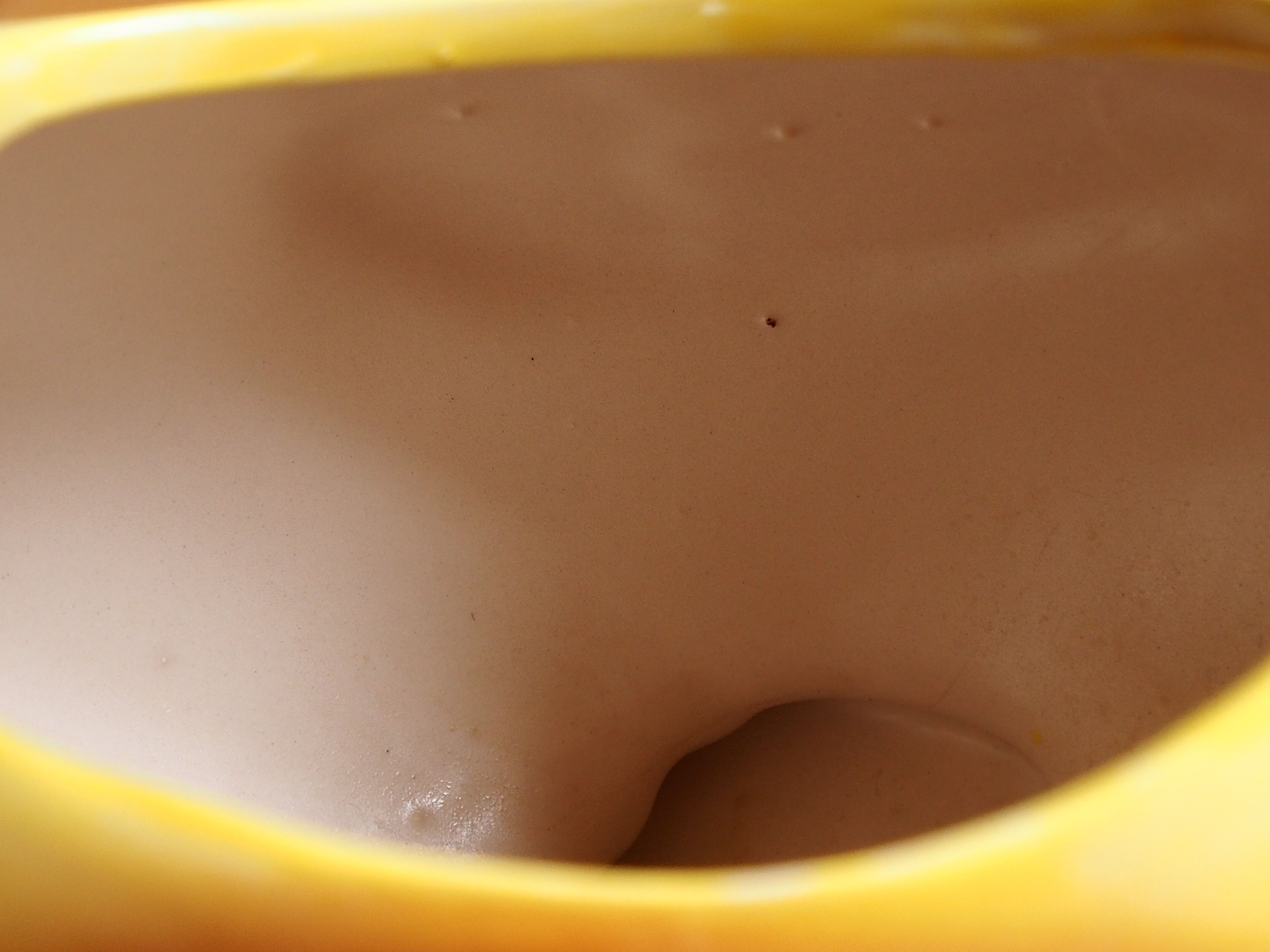 Ceramic watering can in white earthenware, yellow enamel and bird shape
