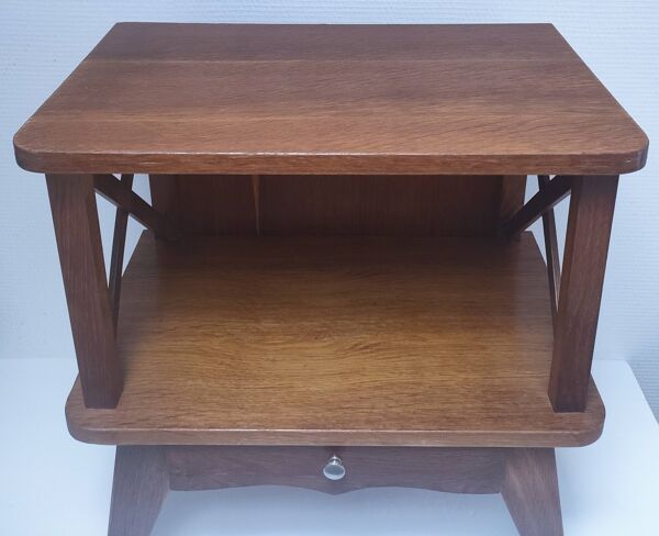 table chevet bois croisillons pieds compas vintage