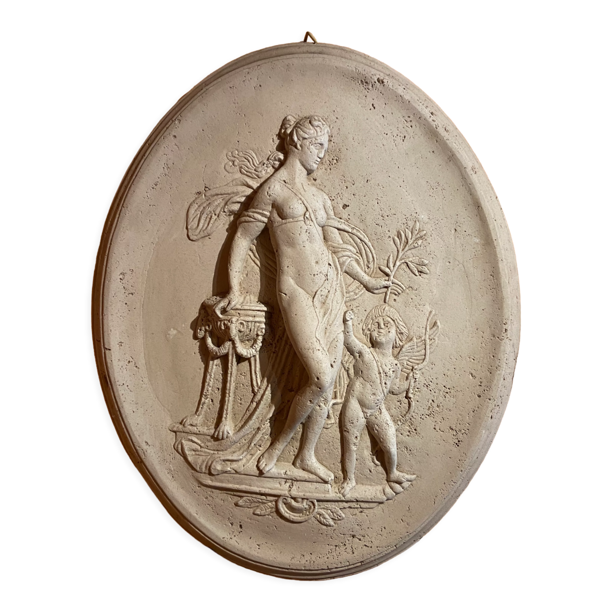 Imposing Oval bas-relief style Antique Italian travertine