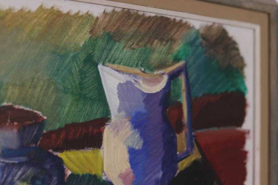 Original mid-century Swedish oil on canvas – “Kubisk Jug and Fruit” by Bror Göransson – vintage & framed – 75 × 58 cm (29.5" × 22.8")