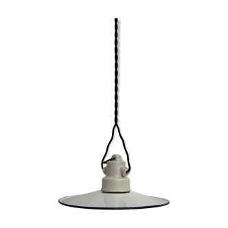 Lot 2 white enamelled industrial hanging lamps