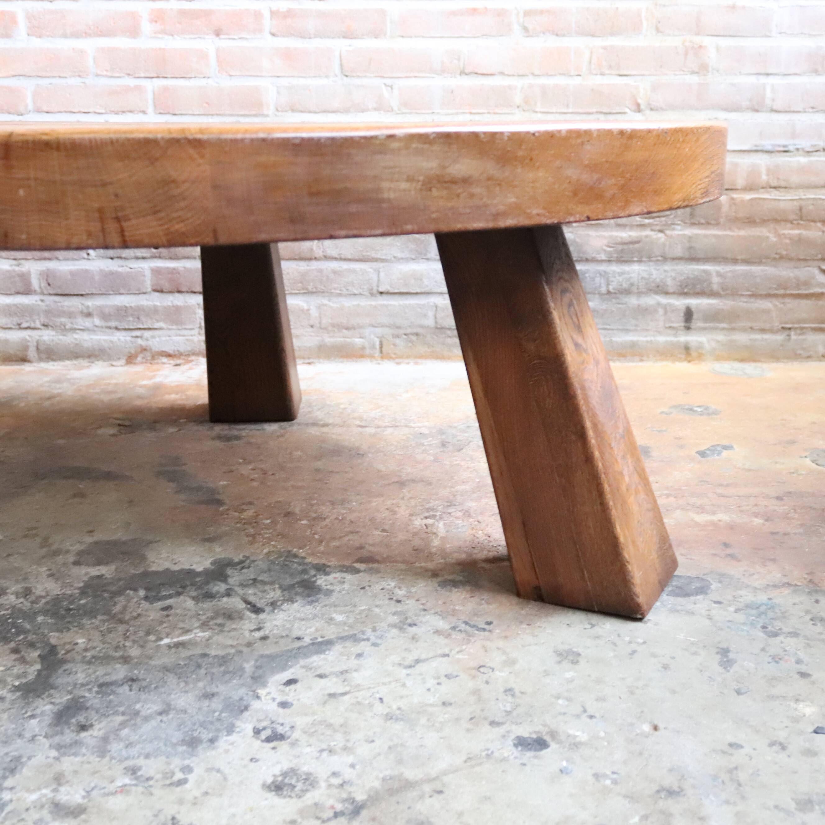 Vintage 1970s oak coffee table Brutalist Wabi-Sabi round