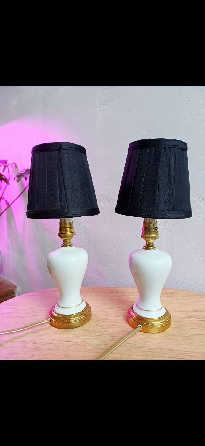 Pair of mid-century porcelain brass bedside lamps, 50s/60s
