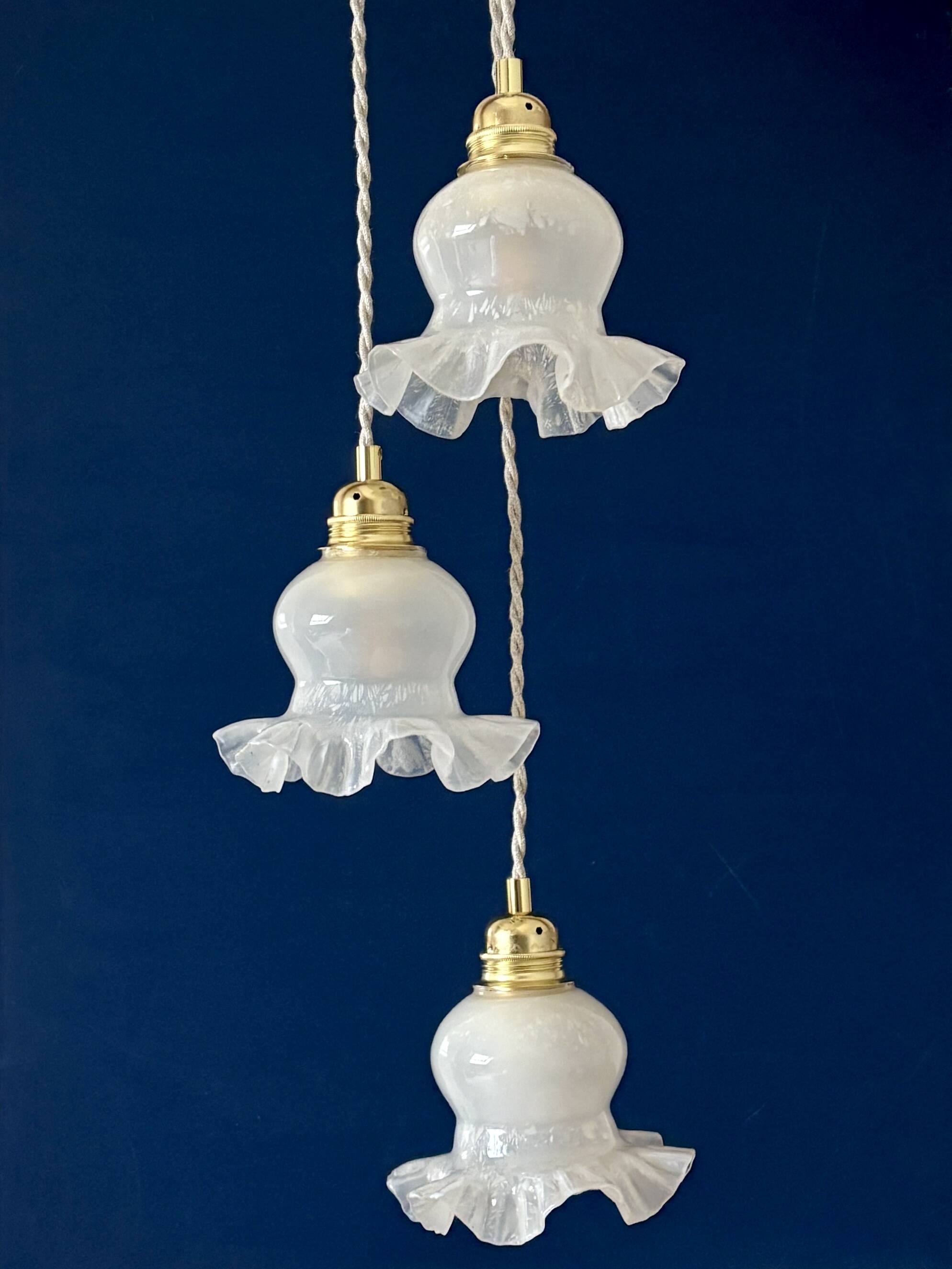 Vintage triple tulip pendant light in white glass