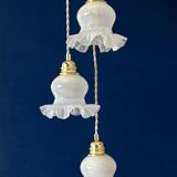 Vintage triple tulip pendant light in white glass