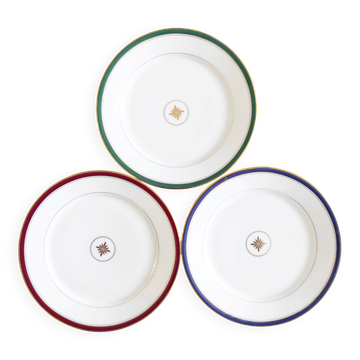 Set of 3 dessert plates Limoges green burgundy blue