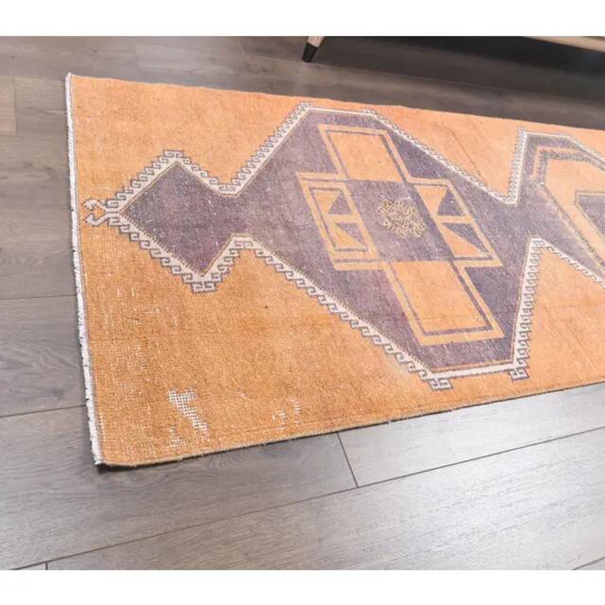 2'9x11'4 vintage orange geometric Turkish hand-knotted runner rug 87x348
