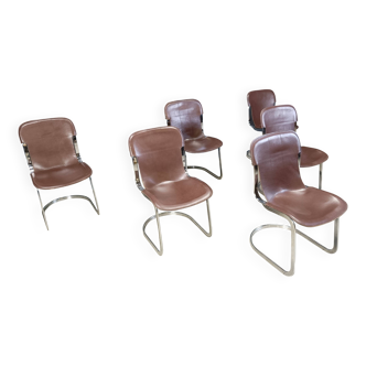 Chaises de salle à manger vintage en cuir et chrome par Cidue, années 1970