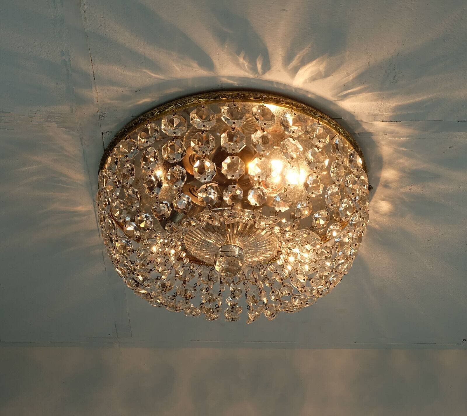 Crystal glass ceiling light plafoniere brass metal 60s hollywood regency style
