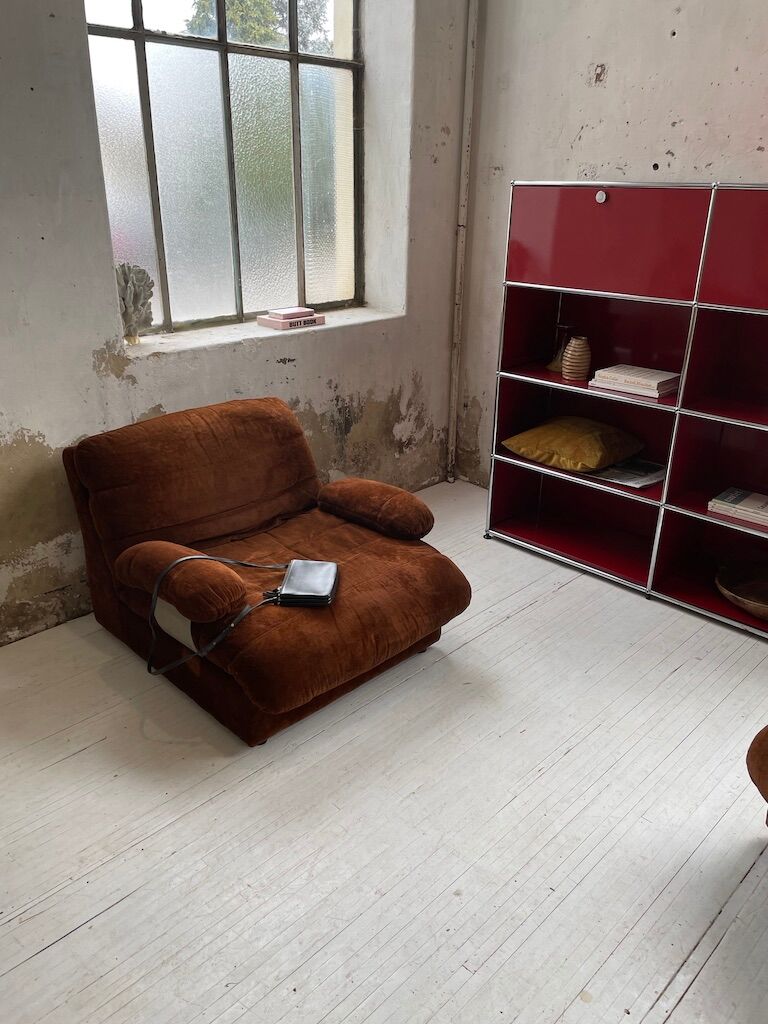 Pair 70s brown velvet armchairs
