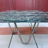 Round coffee table in green marble and chrome / vintage base 60s-70s