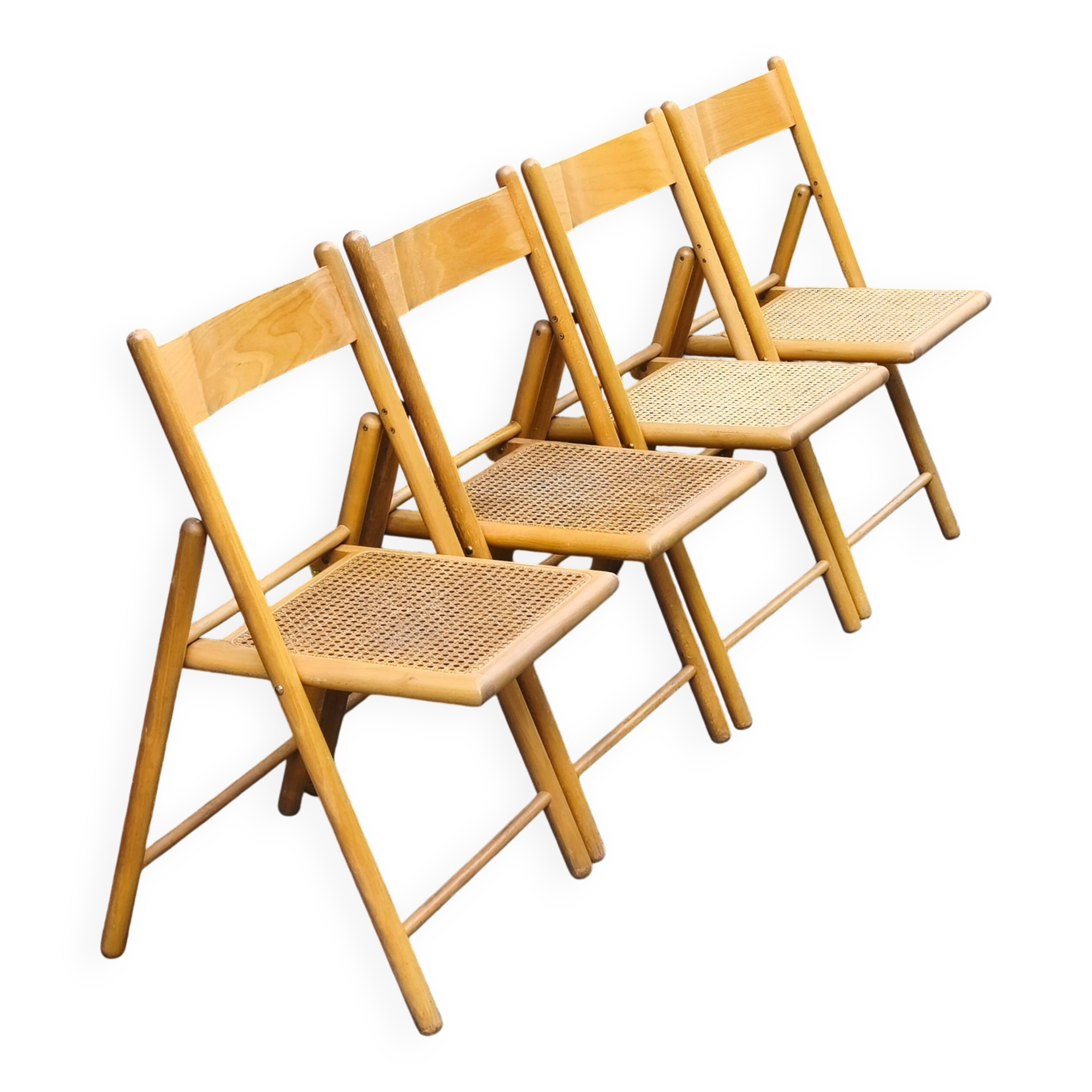 Set of 4 folding chairs in beech and caning by Habitat, 1980s.