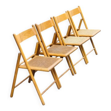 Set of 4 folding chairs in beech and caning by Habitat, 1980s.