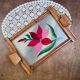 Vintage wooden and glass platter hand-painted – Stylised flower signed Janette