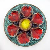2 red/orange, yellow and green glazed ceramic oyster plates - Vallauris France - vintage