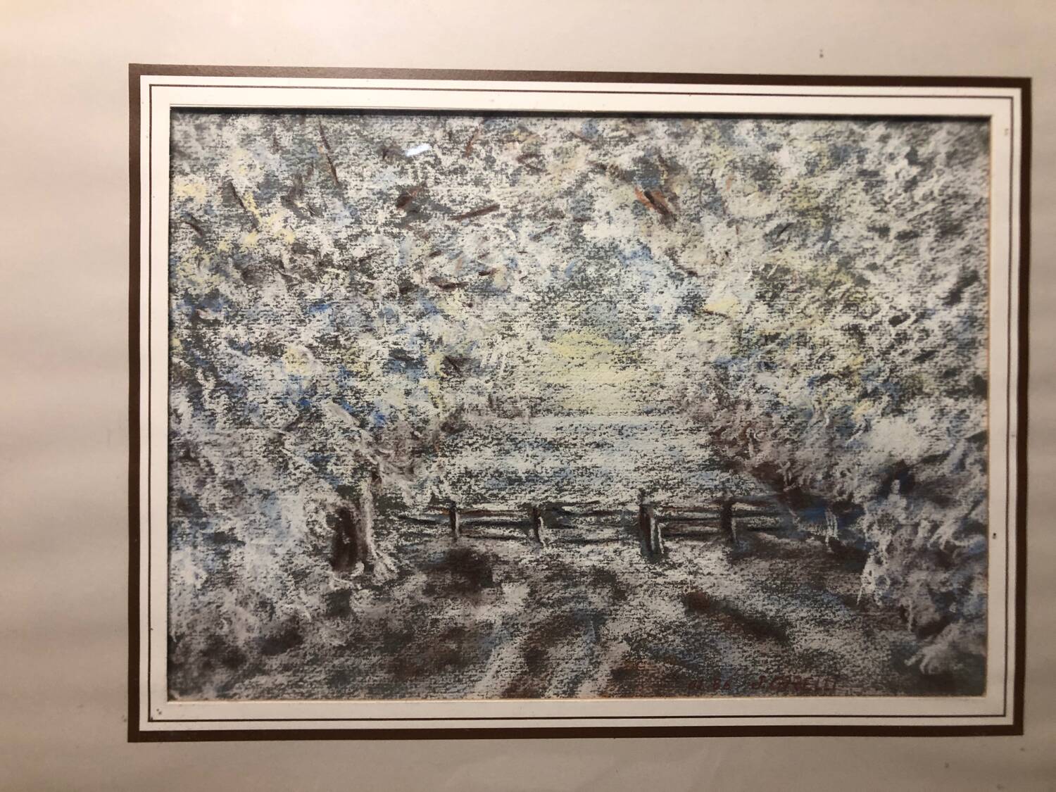Painting j. garelli winter landscape 01/86 under glass + wood frame