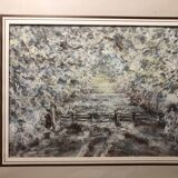 Painting j. garelli winter landscape 01/86 under glass + wood frame
