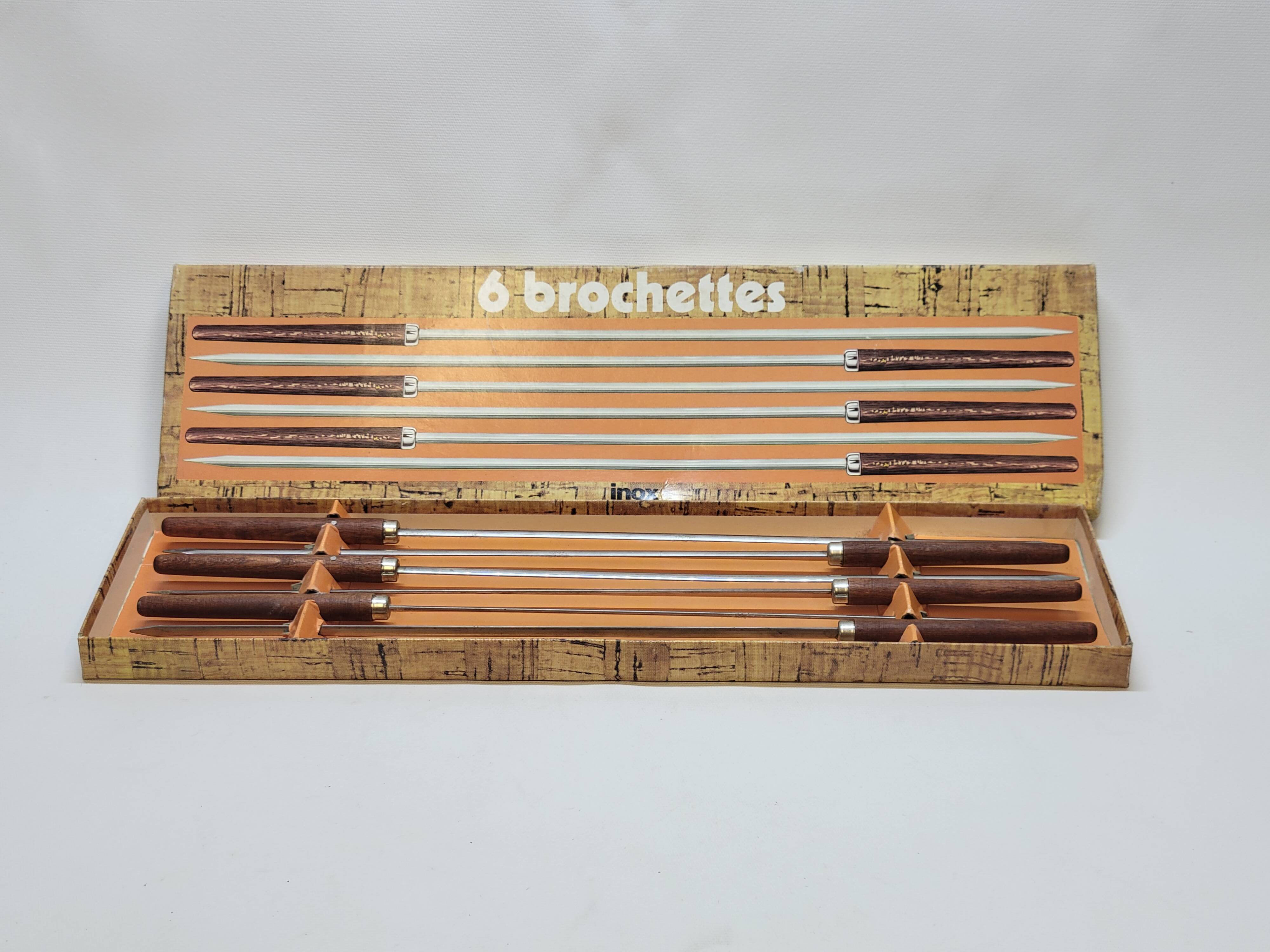 Set of 6 vintage skewers in stainless steel and wood in their box