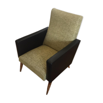 Fauteuil vintage années 1960 tissu et skaï