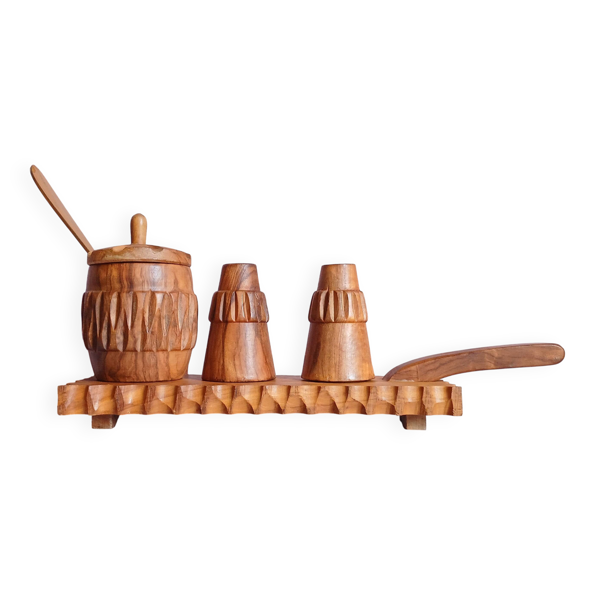 Serviteur à condiments en olivier massif sculpté à la gouge artisanale