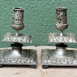 Pair of square candlesticks in patinated bronze