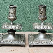Pair of square candlesticks in patinated bronze