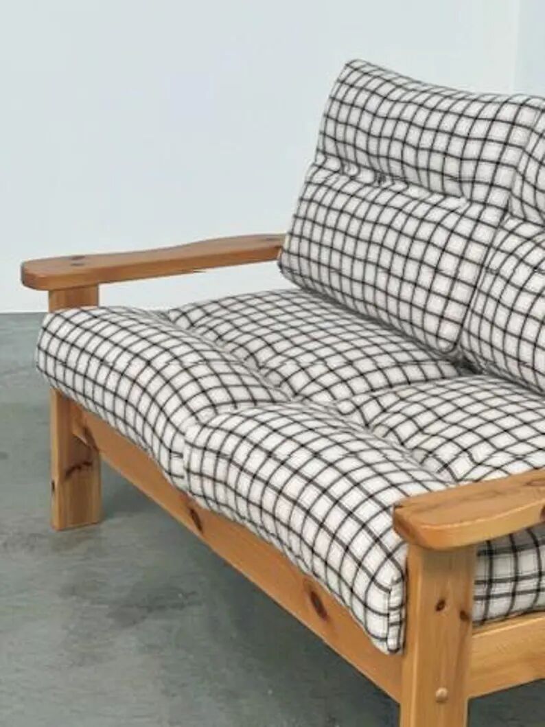 Vintage Two-Seater Pine Sofa with Original Checked Upholstery, 1970s