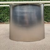 Oval designer dining table in frosted glass and brushed stainless steel