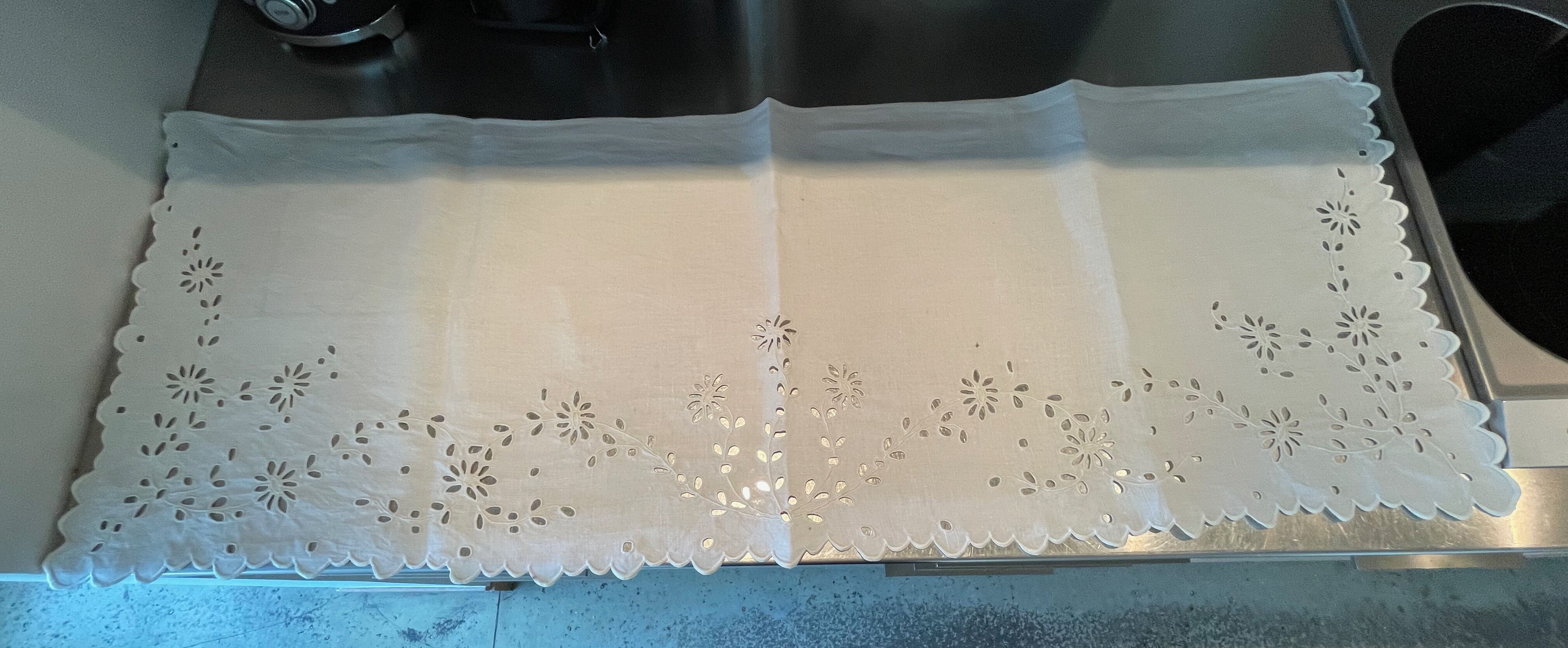 Old linen embroidered Richelieu top chest of drawers fireplace