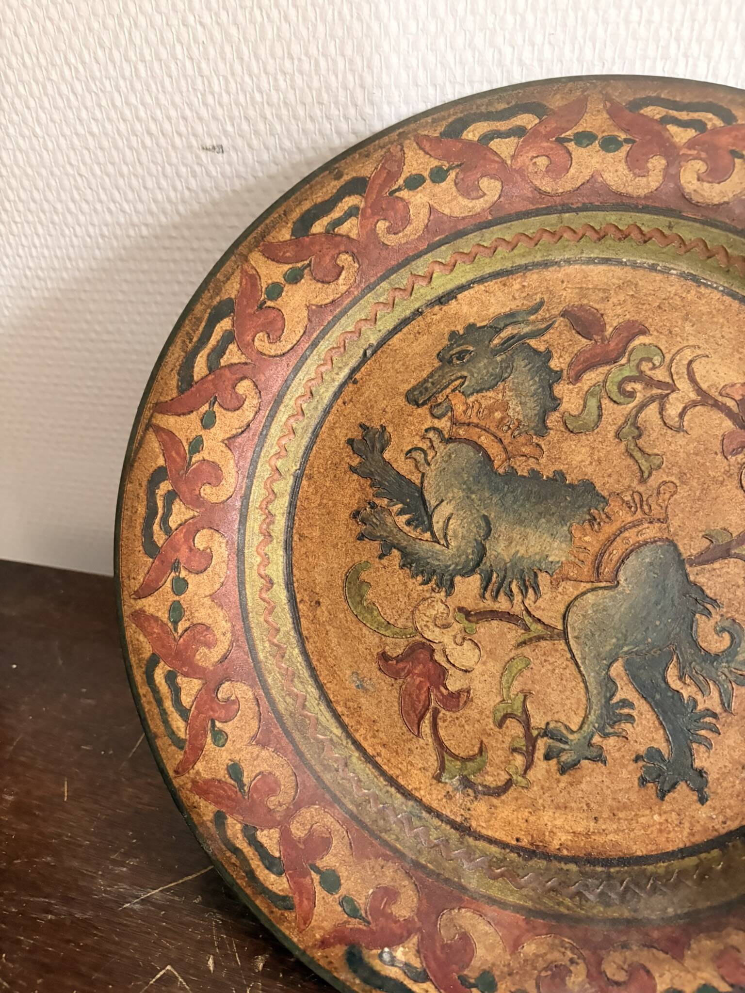 Mural Plate Montopoli Arno Italy 1930 Heraldic Lion Chimera Tuscan Majolica