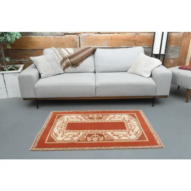 1970's Vintage Turkish Milas Handmade Wool Cotton Orange Area Rug 88x136