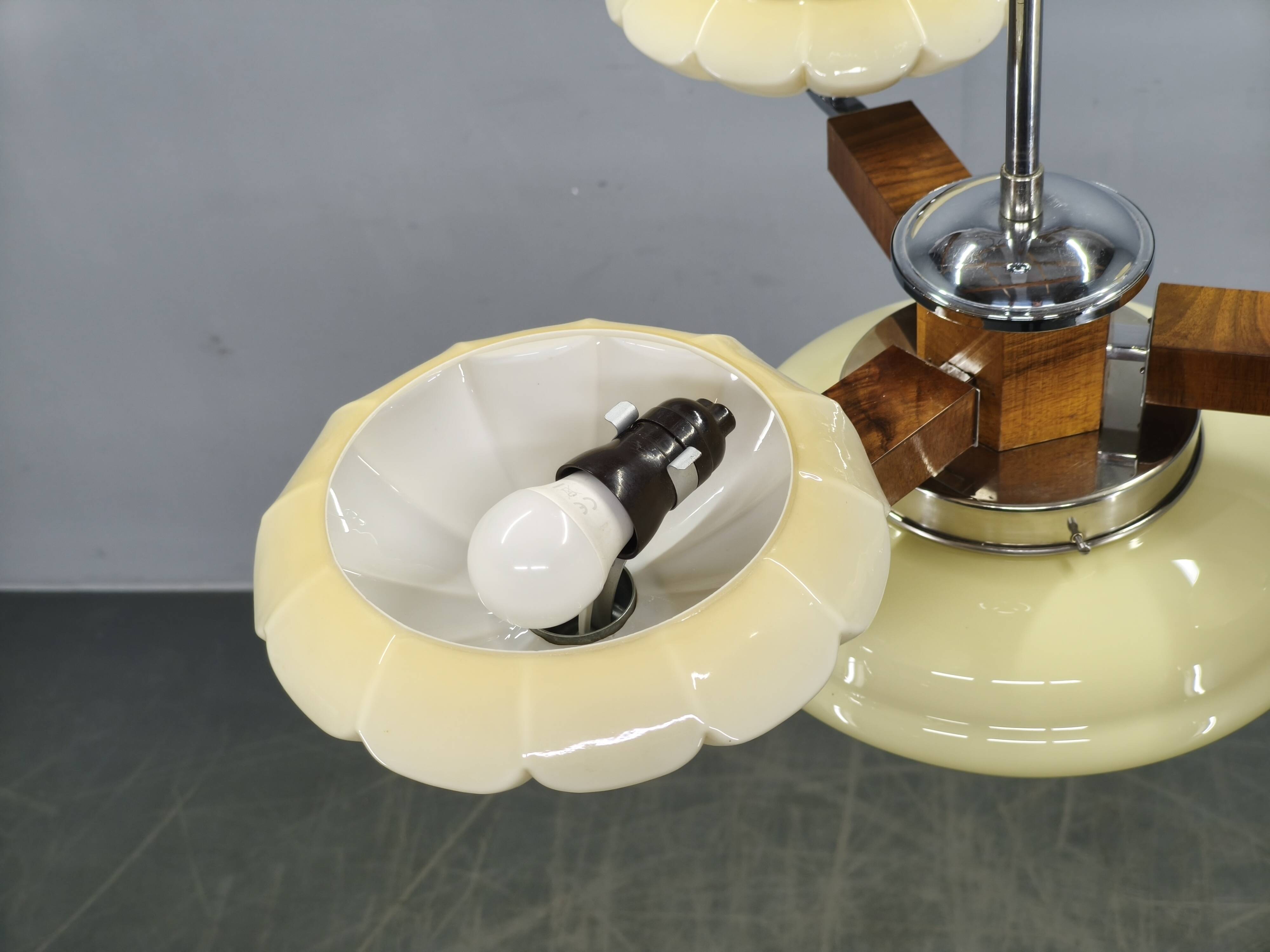 1940s Czechoslovak Art Deco Chandelier in Walnut Chrome and Glass