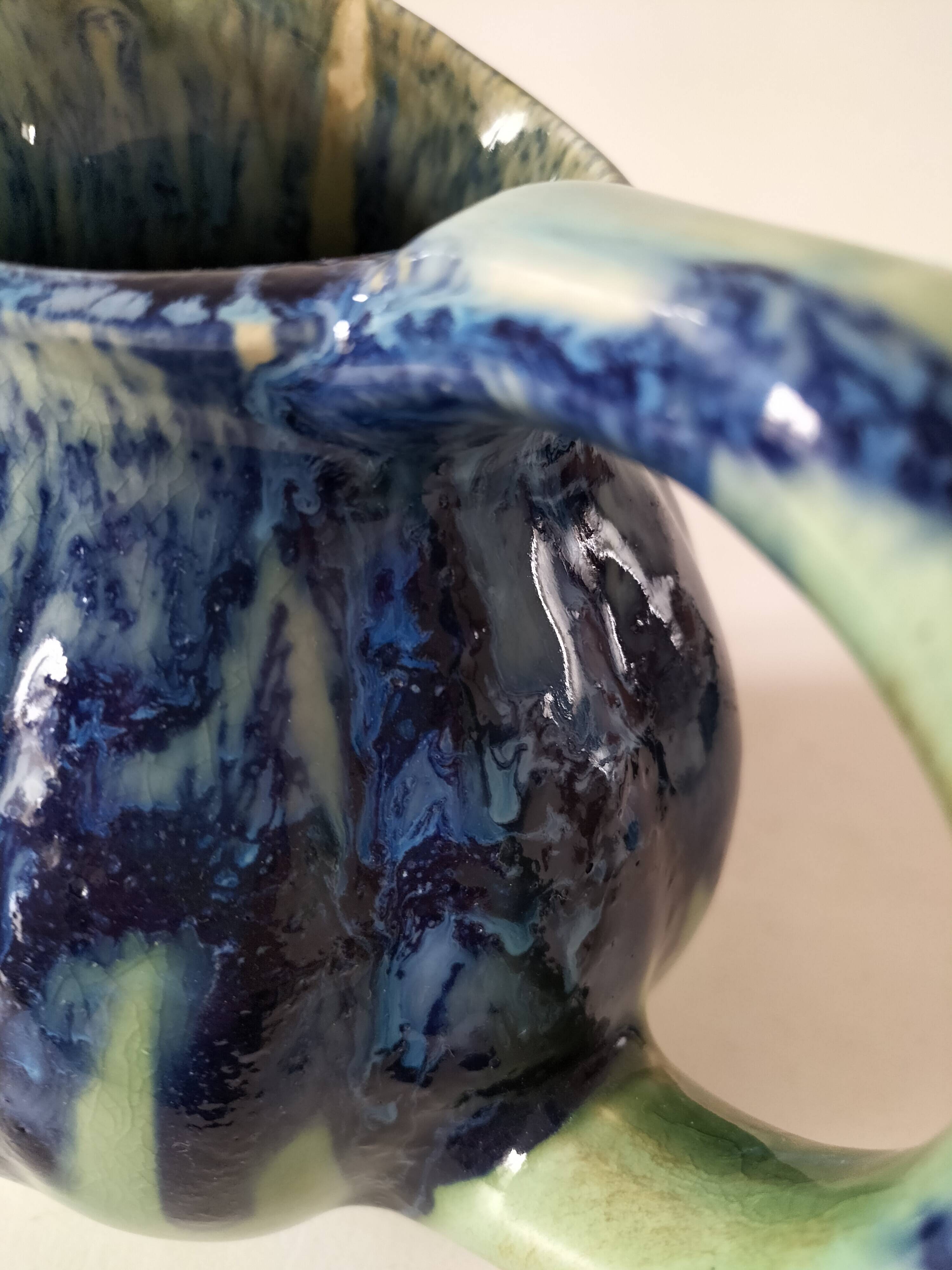 Pichet vernissé bleu et vert, vintage années 1970