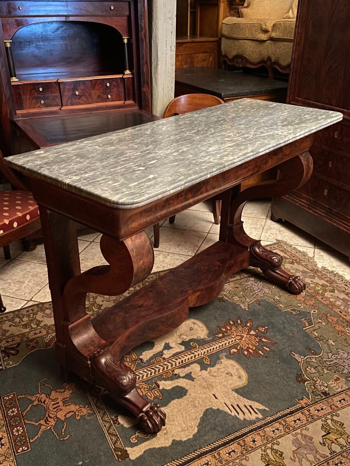 Console on legs claws to a drawer mahogany marble tray Restoration