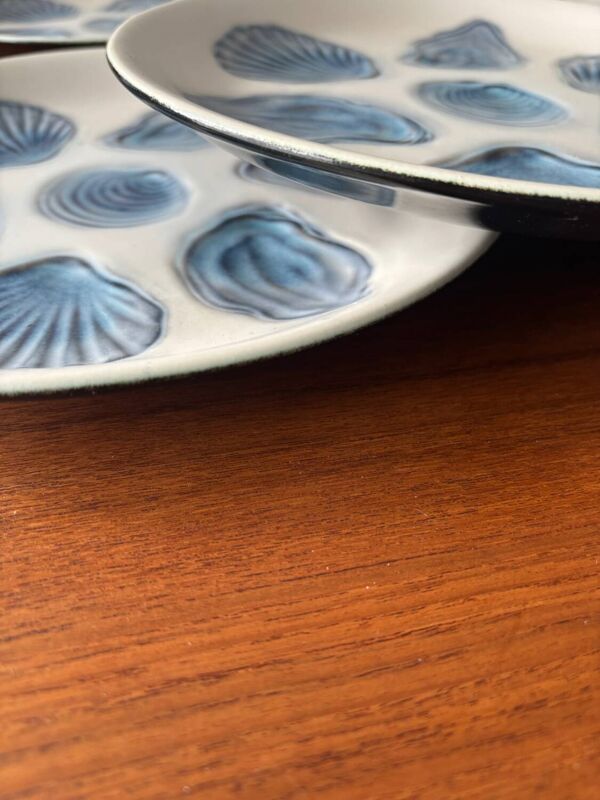 Lot d’assiettes à huîtres en céramique bleue – Assiettes coquillages r