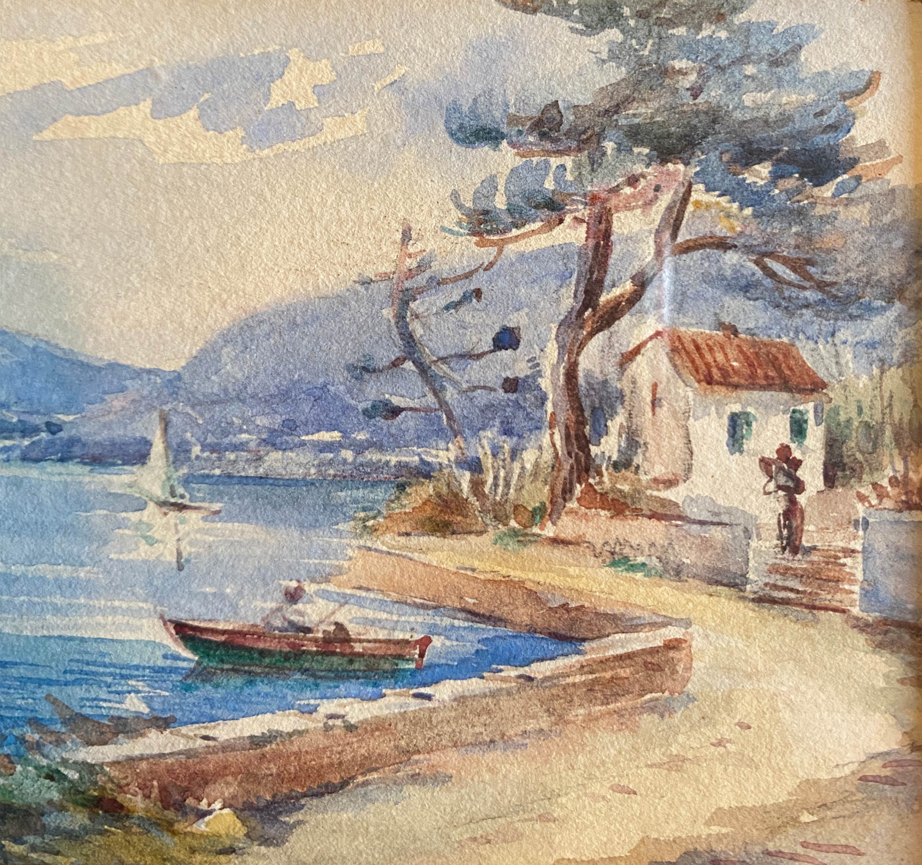 Painting "Mediterranean Seaside" Watercolor signed around 1920