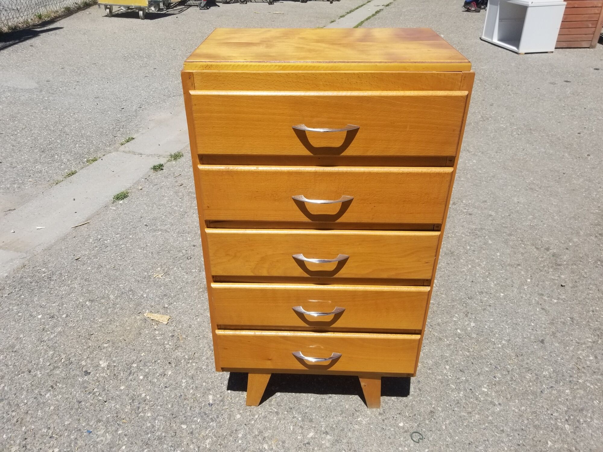 Chiffonnier vintage 5 tiroirs en bois blond - années 60
