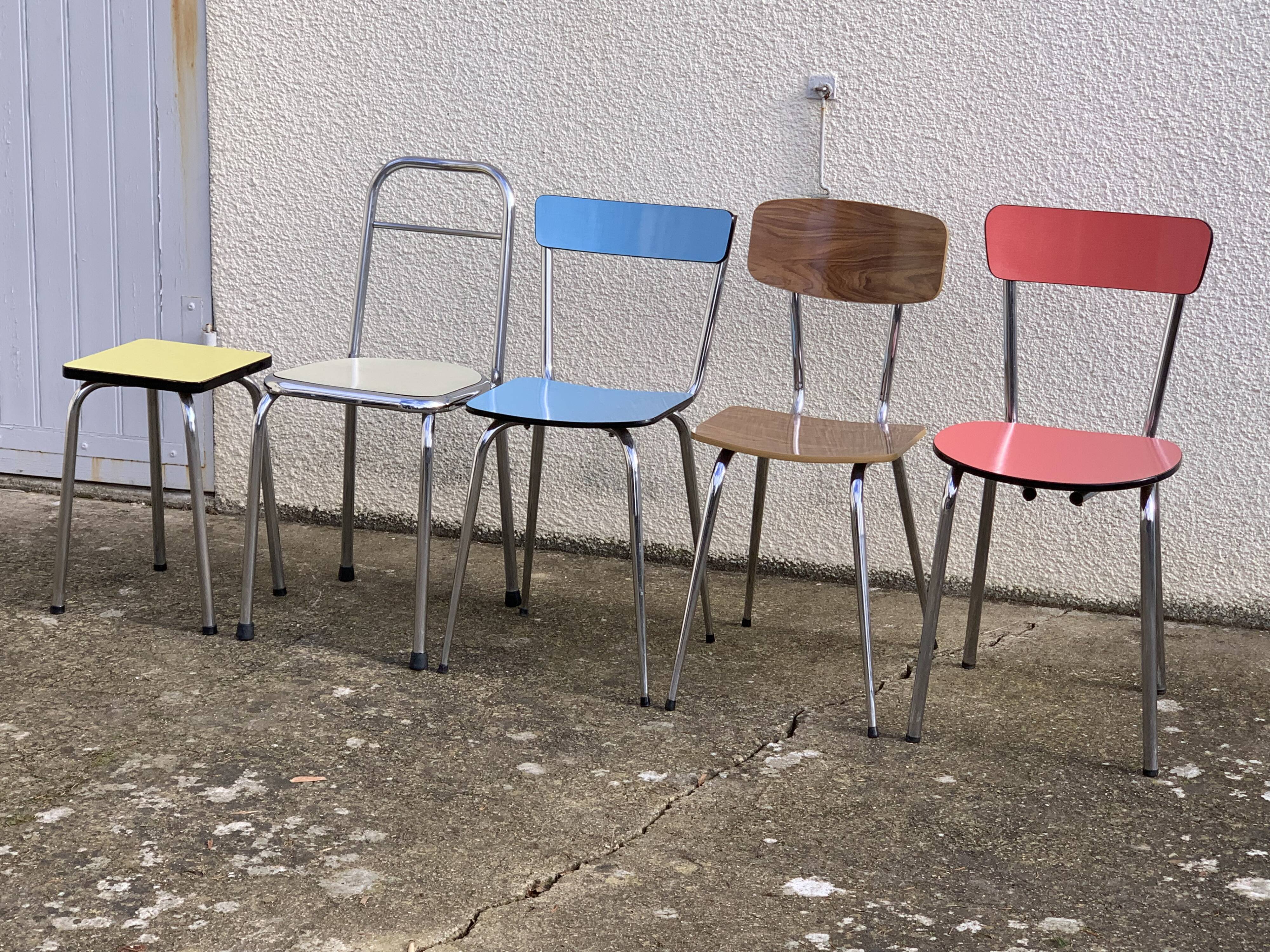 Mismatched formica chairs and stool 1960